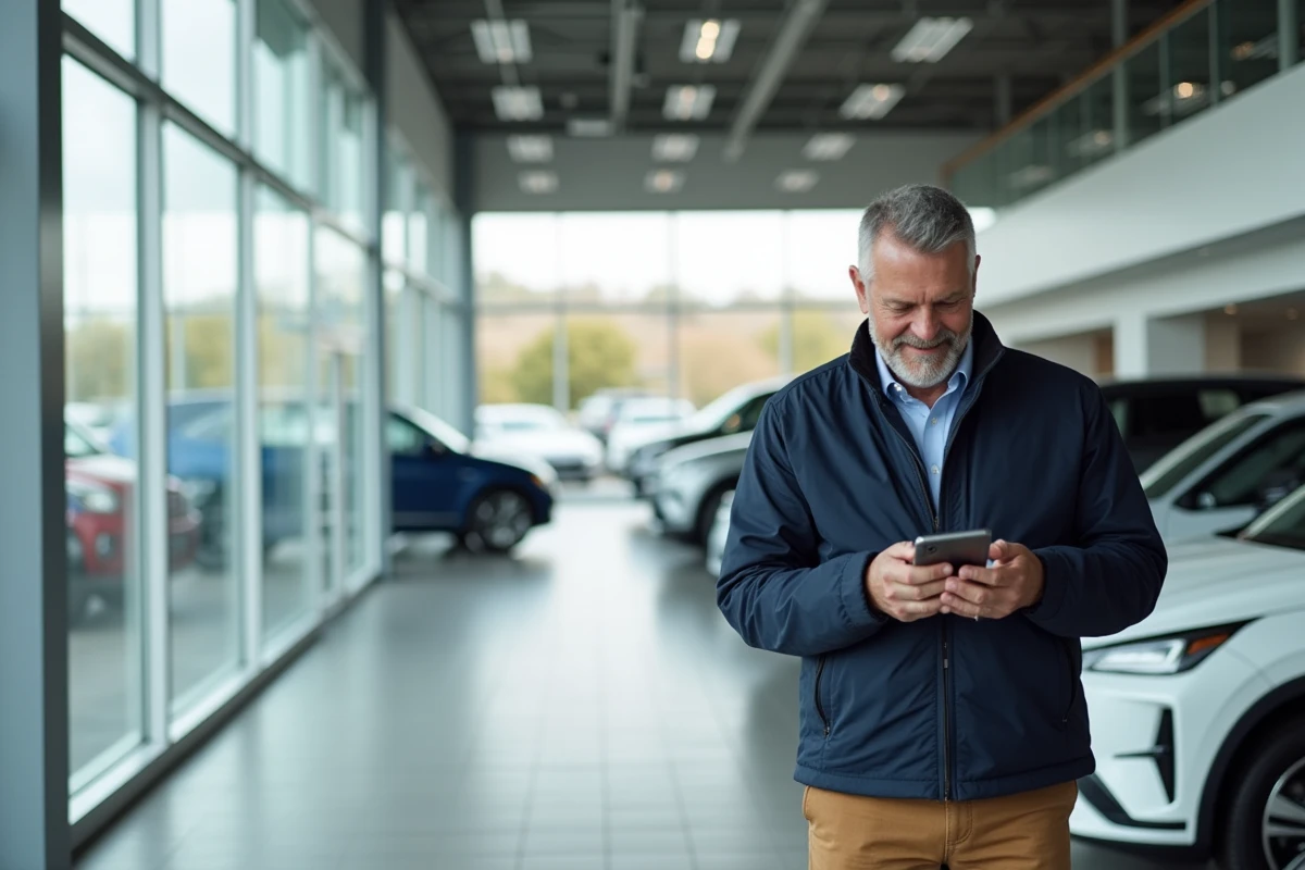 Homme d age moyen regardant son smartphone devant une voiture