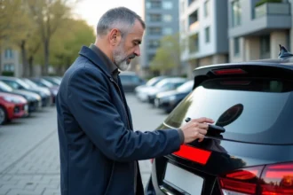 Homme vérifiant une plaque d'immatriculation rouge sur sa voiture