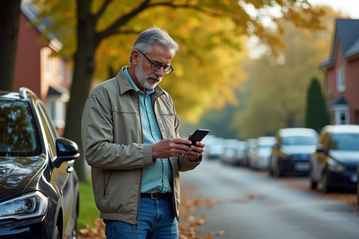Homme regardant son smartphone à côté de sa voiture