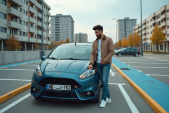 Homme vérifiant le compteur de sa voiture en ville