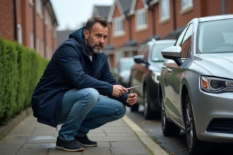 Homme en windbreaker près d'une voiture en banlieue