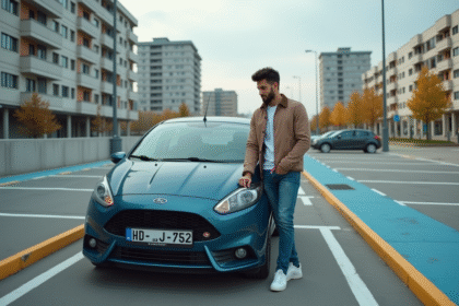 Homme vérifiant le compteur de sa voiture en ville