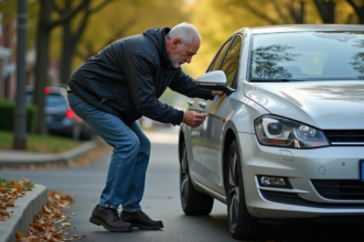 Homme d'âge moyen inspectant une porte de voiture endommagée