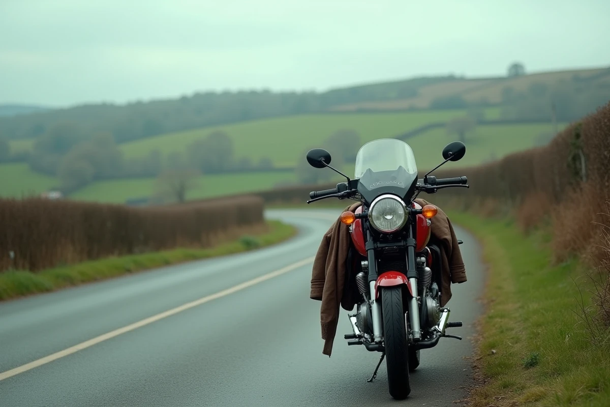 Honda CB Boldor 900 posée sur une route de campagne française sinueuse, évoquant un voyage à moto en ancienne dans la nature