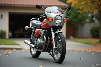 Honda CB Boldor 900 vintage garée dans une allée résidentielle, vue trois-quarts avant mettant en valeur son carénage iconique des années 80