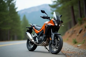 Honda CB 500X garée sur une route de montagne entourée de pins, vue 3/4 avant mettant en valeur son design adventure