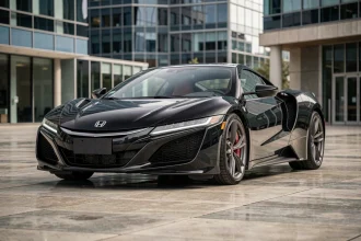 Honda NSX 2016 garée sur une place urbaine, vue trois quarts avant mettant en valeur sa carrosserie aérodynamique et sa peinture noire métallique