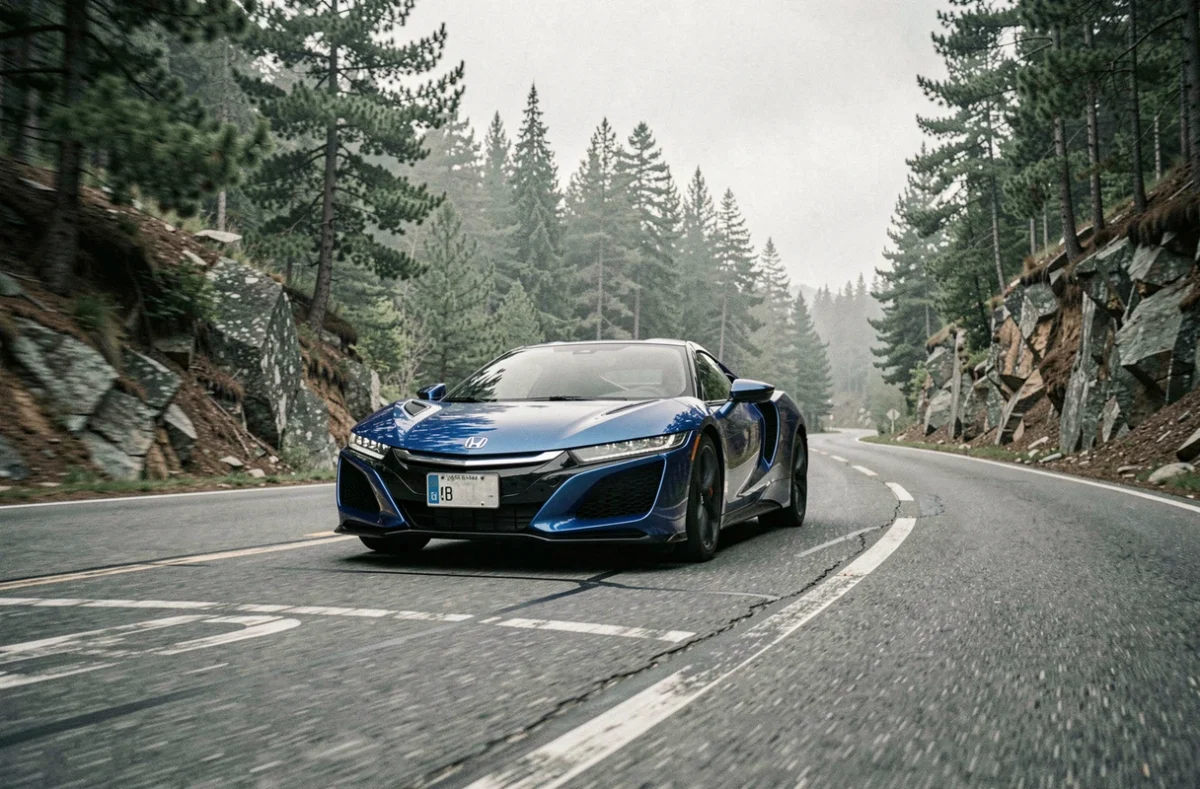 Honda NSX bleue en train de prendre un virage sur une route de montagne sinueuse entourée de forêt de pins et de falaises rocheuses