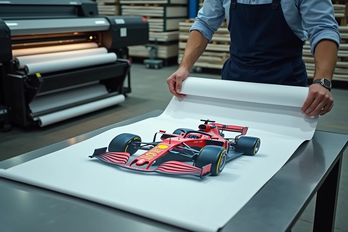 Employé d'une imprimerie déroule un grand poster de dessin de voiture de Formule 1 sur une table de découpe professionnelle