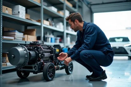 Ingénieur automobile examinant un moteur électrique 100 kW dans un atelier professionnel