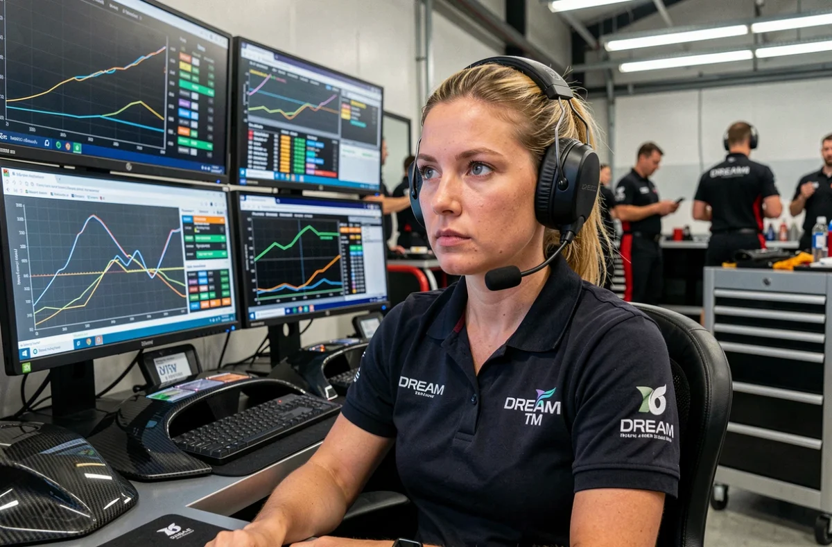 Ingénieure data DREAM TM analysant les données de chronométrage sur écrans télémétrie dans le garage de course