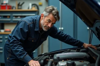 Mécanicien inspectant un moteur BMW M47 diesel d'occasion dans un garage professionnel