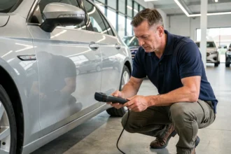 Inspecteur automobile examinant une voiture d'occasion certifiée dans un showroom allemand