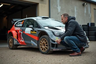 Acheteur inspectant une voiture de rallye d'occasion avec livrée et carrosserie endommagée dans un parking de garage motorsport