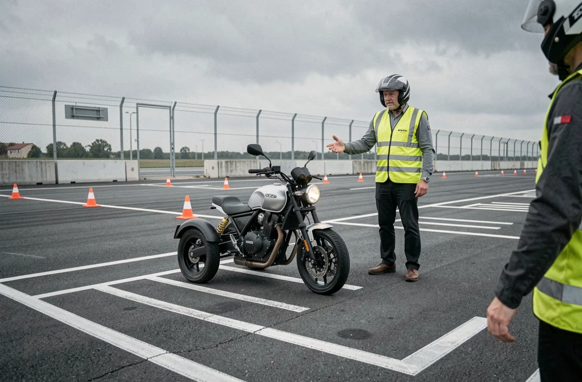 Instructeur de conduite expliquant le maniement d'une moto 3 roues sur un circuit d'examen