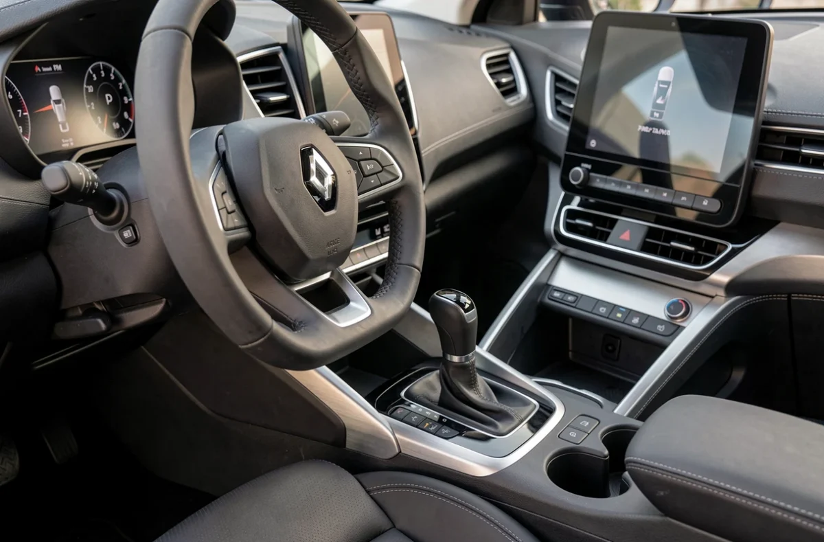 Intérieur d'un Renault Arkana avec boîte automatique et sélecteur de vitesse en gros plan