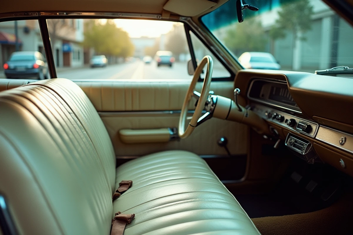 Intérieur vintage de la Chevrolet Impala avec banquette en vinyle crème, volant chromé et tableau de bord à jauges analogiques