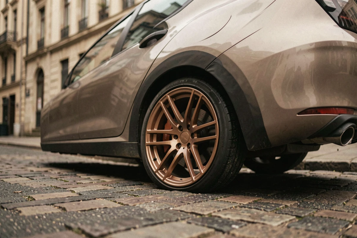 Jantes alliage avec covering vinyl satin bronze sur voiture compacte garée en milieu urbain