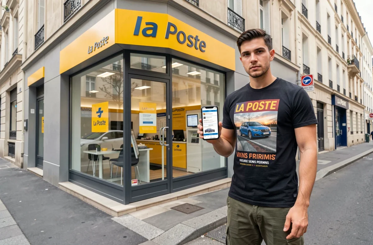 Un jeune homme consulte une offre d'assurance voiture sans permis sur son téléphone devant une agence La Poste