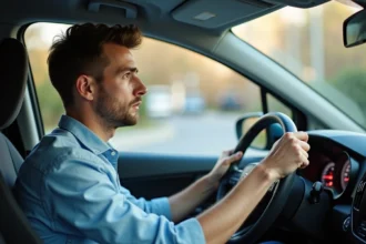 Jeune conducteur concentré au volant lors d'un examen du permis de conduire en milieu urbain