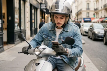 Jeune conducteur sur un scooter 125cc consultant son smartphone pour comparer des assurances pas chères en ville