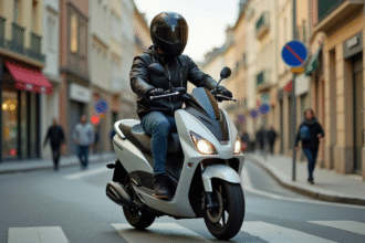 Jeune adulte portant casque et veste de protection en scooter en ville