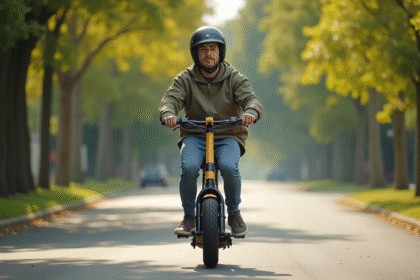 Jeune adulte portant un casque en scooter en banlieue ensoleillée