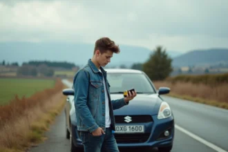 Jeune homme avec un gilet de sécurité à côté d'une voiture