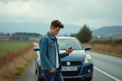 Jeune homme avec un gilet de sécurité à côté d'une voiture