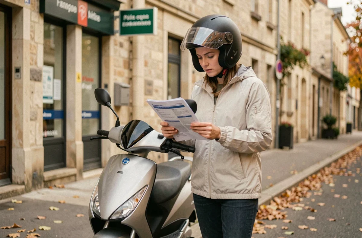 Jeune conductrice de scooter tenant des documents d'assurance devant un bureau de poste en France