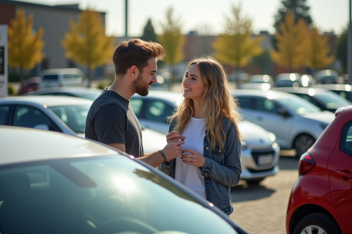 Jeune couple examinant une Peugeot 208 d occasion en marché auto