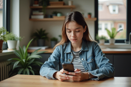Jeune femme en cuisine regardant son téléphone