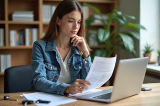 Jeune femme examine un document officiel dans un bureau moderne