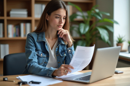 Jeune femme examine un document officiel dans un bureau moderne