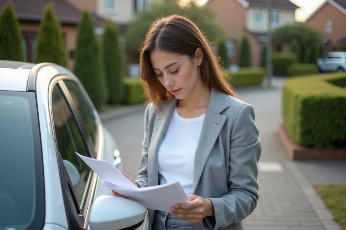 Femme jeune lisant des documents de sécurité routière