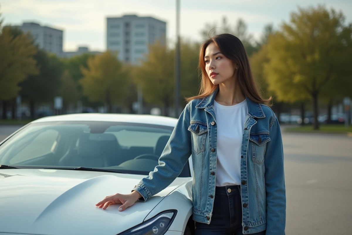 Jeune femme touchant le logo cheval sur une voiture moderne en extérieur