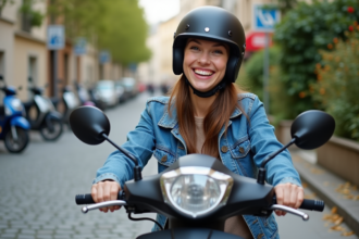 Jeune femme en denim et casque souriante avec un scooter en ville