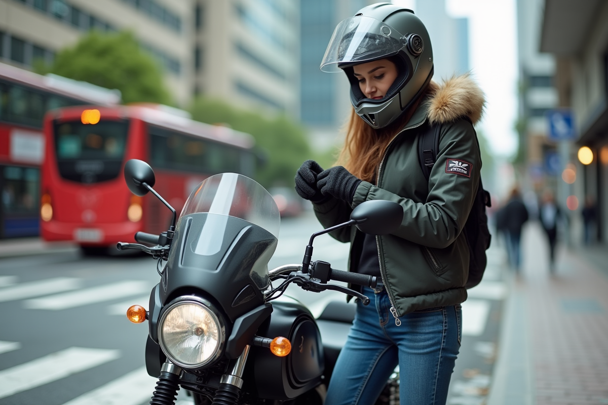Jeune femme en gear préparant sa moto en ville