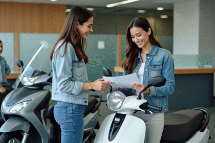 Jeune femme souriante avec scooter et documents