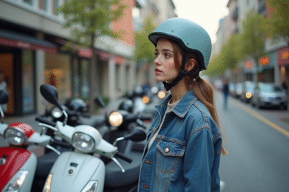 Jeune femme en denim compare des scooters en ville