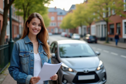 Jeune femme souriante avec documents d'assurance auto