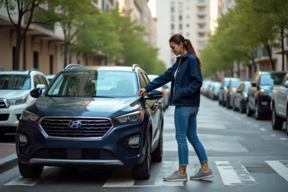 Jeune femme déverrouillant SUV en ville