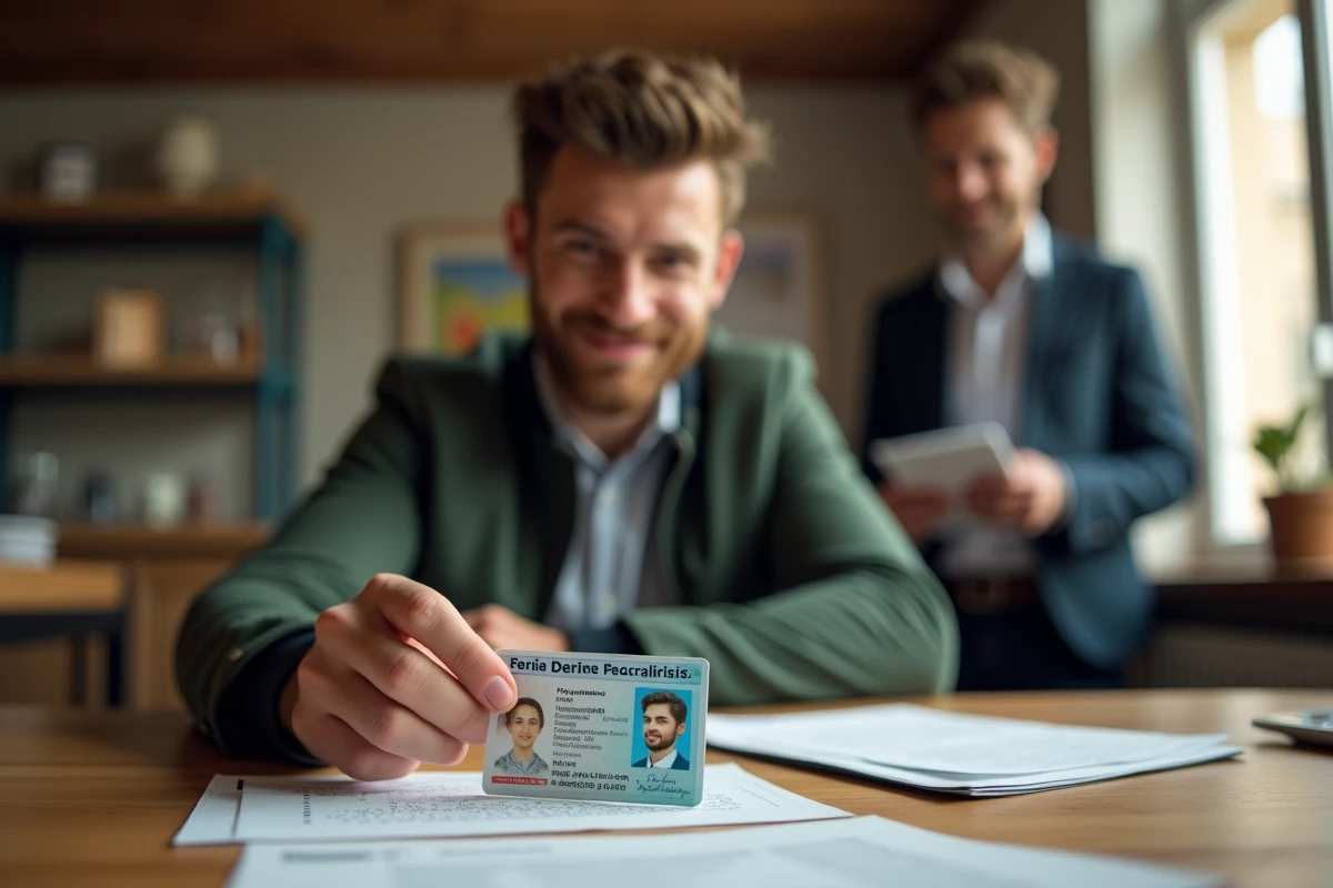 Jeune homme consulte permis de conduire au bureau