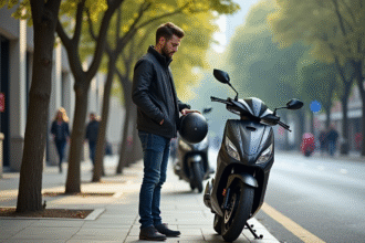 Jeune homme inspectant une moto 125cc en ville