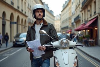 Jeune homme avec casque et scooter en ville