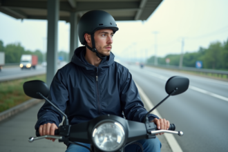 Jeune homme en windbreaker sur scooter au repos