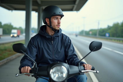 Jeune homme en windbreaker sur scooter au repos