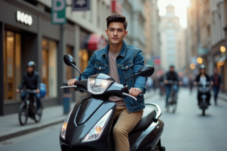 Jeune homme en denim sur scooter en ville