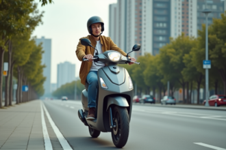 Jeune homme en scooter urbain en mouvement