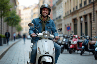 Jeune homme en denim et casque sur scooter en ville
